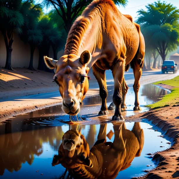 Pic of a drinking of a camel in the puddle