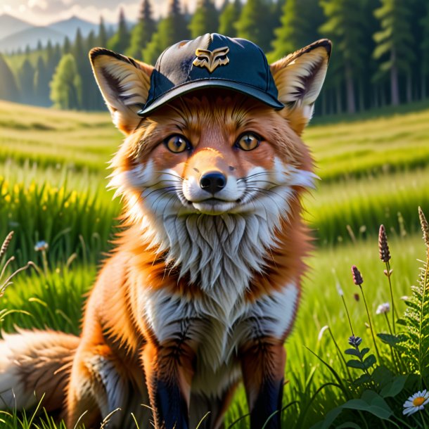 Image d'un renard dans une casquette dans la prairie