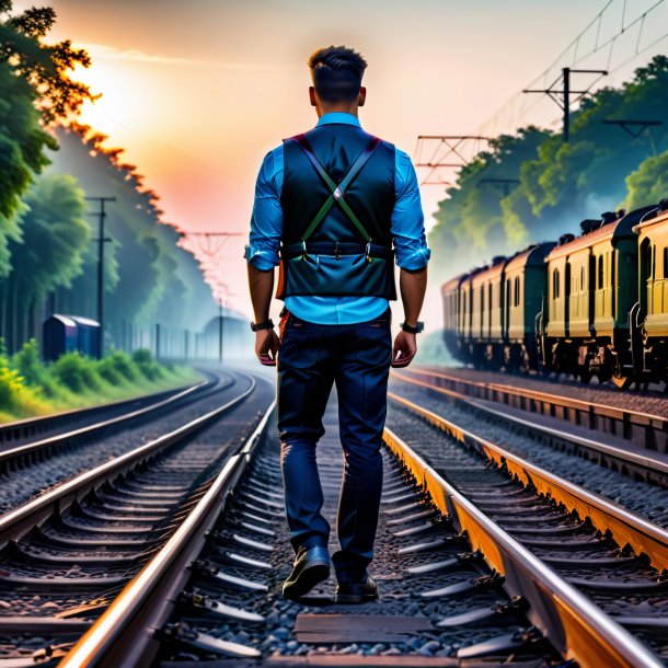 Foto de um mol em um colete nos trilhos ferroviários