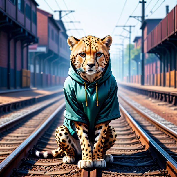 Illustration of a cheetah in a hoodie on the railway tracks