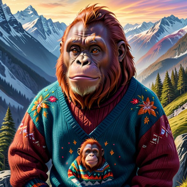 Drawing of a orangutan in a sweater in the mountains