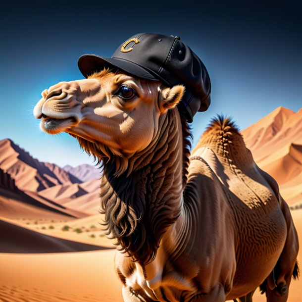 Picture of a camel in a black cap