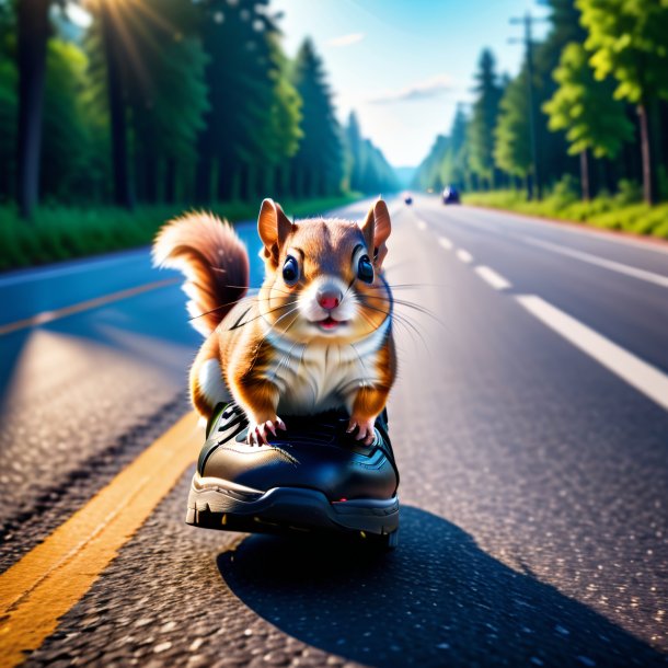 Foto de um esquilo voador em um sapato na estrada