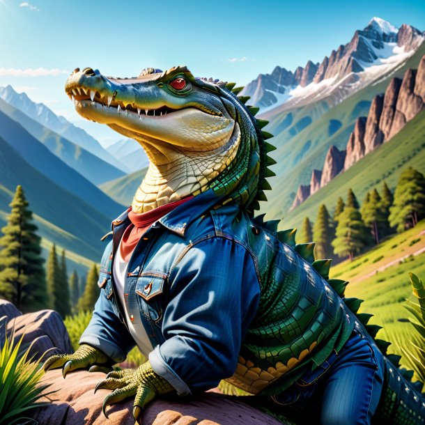 Pic of a crocodile in a jeans in the mountains