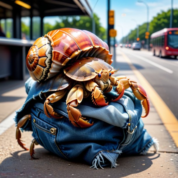 Image d'un crabe ermite dans un jean sur l'arrêt de bus