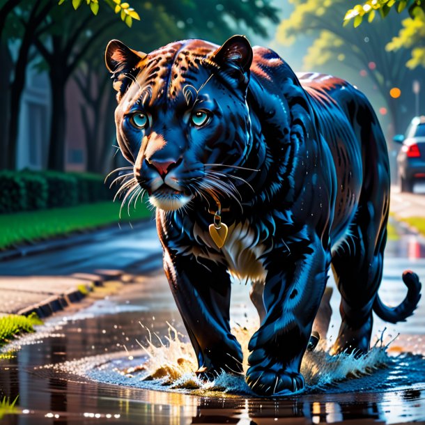 Picture of a panther in a belt in the puddle