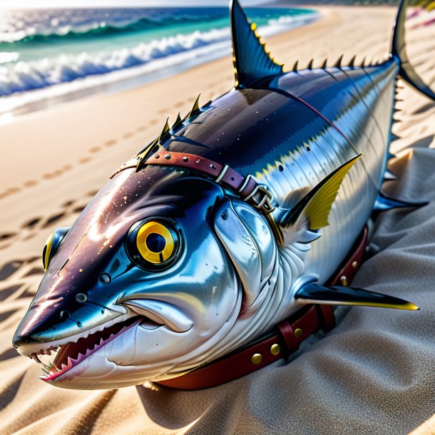 Image of a tuna in a belt on the beach