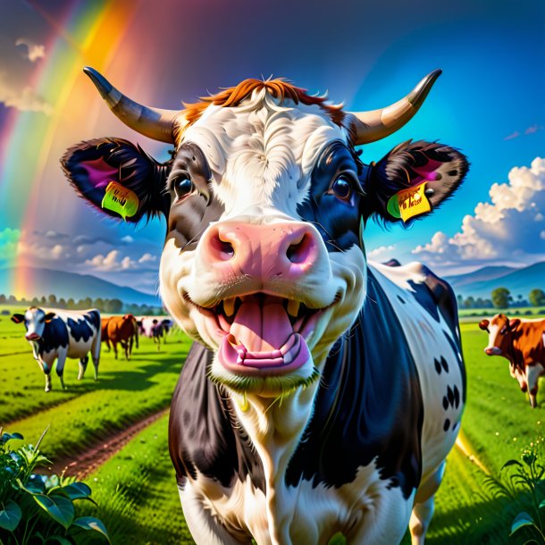 Photo of a smiling of a cow on the rainbow