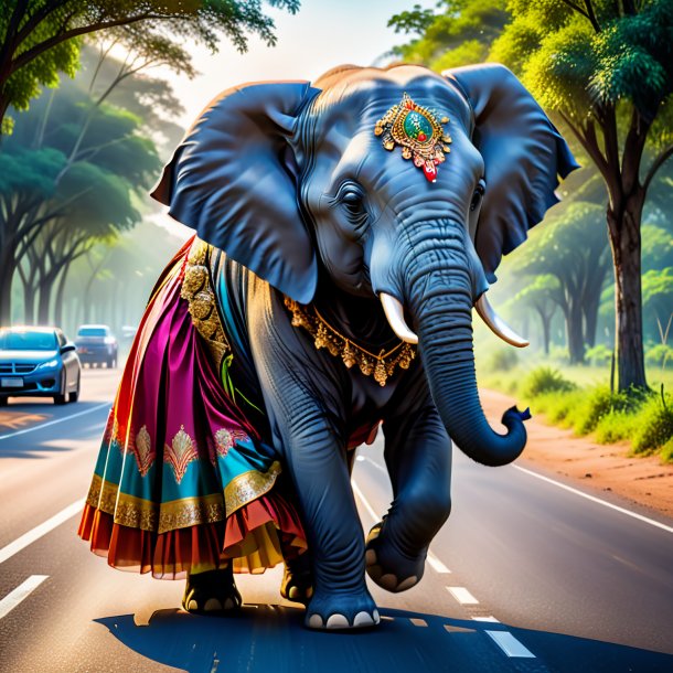 Picture of a elephant in a skirt on the road