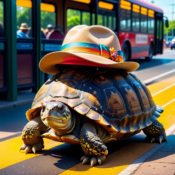 Foto de una tortuga en un sombrero en la parada de autobús