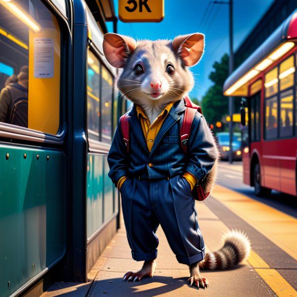 Photo of a possum in a trousers on the bus stop