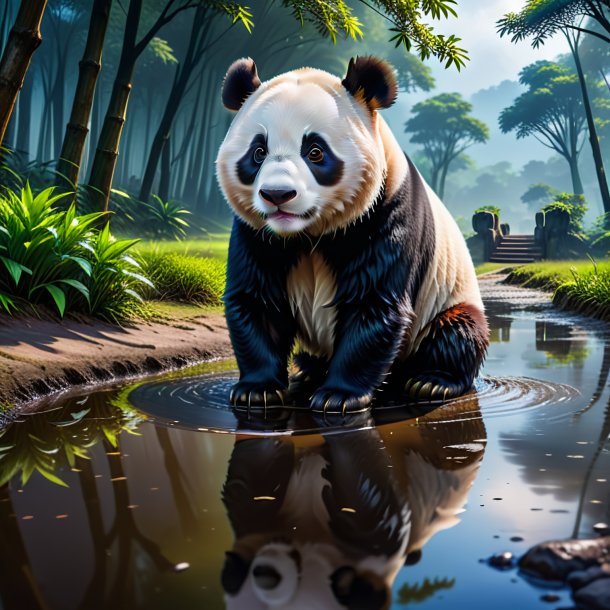 Picture of a waiting of a giant panda in the puddle