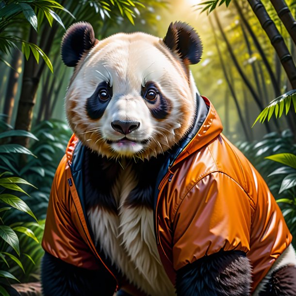 Picture of a giant panda in a orange jacket