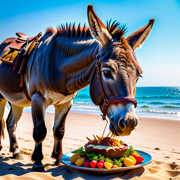 Foto de um comer de um burro na praia