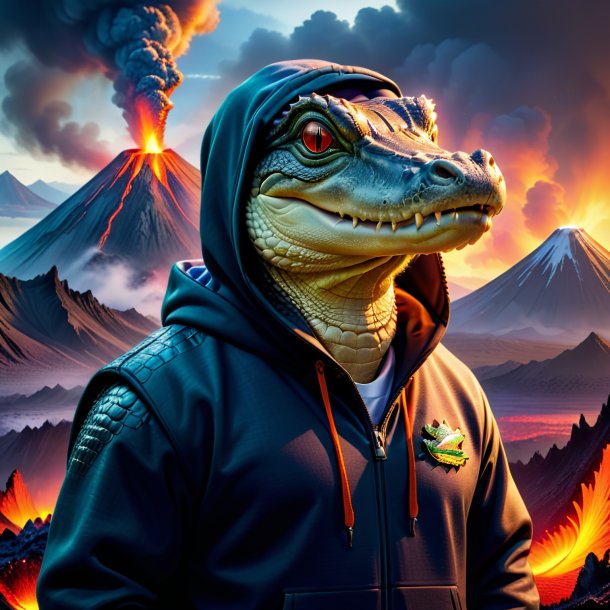 Pic of a alligator in a hoodie in the volcano