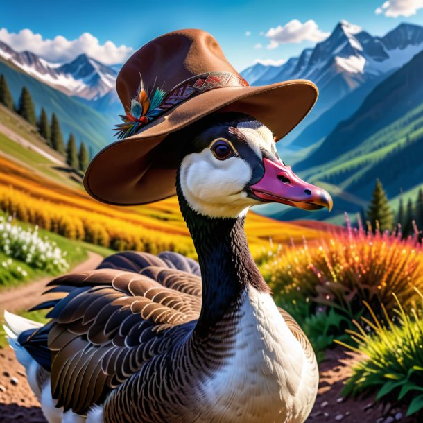 Photo of a goose in a hat in the mountains