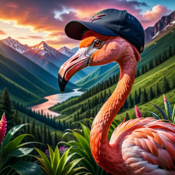 Picture of a flamingo in a cap in the mountains