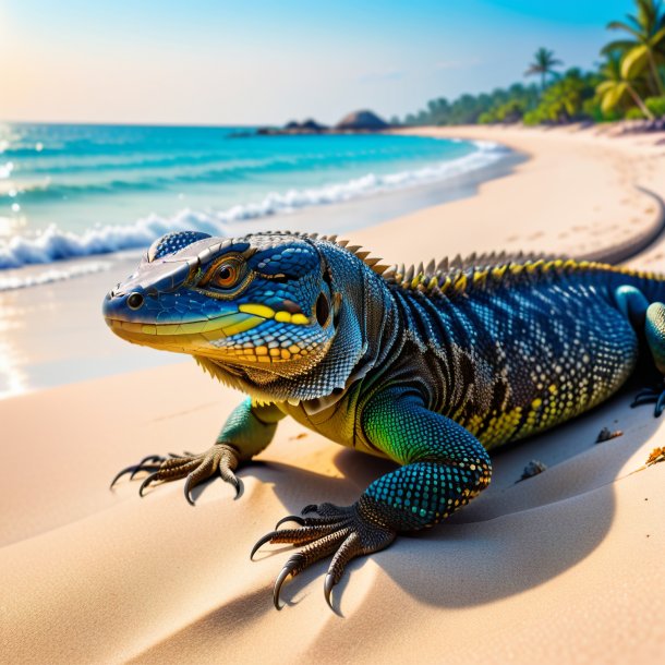 Photo d'une attente d'un lézard moniteur sur la plage