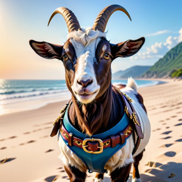 Image of a goat in a belt on the beach