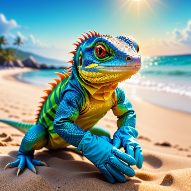 Imagen de un lagarto en guantes en la playa