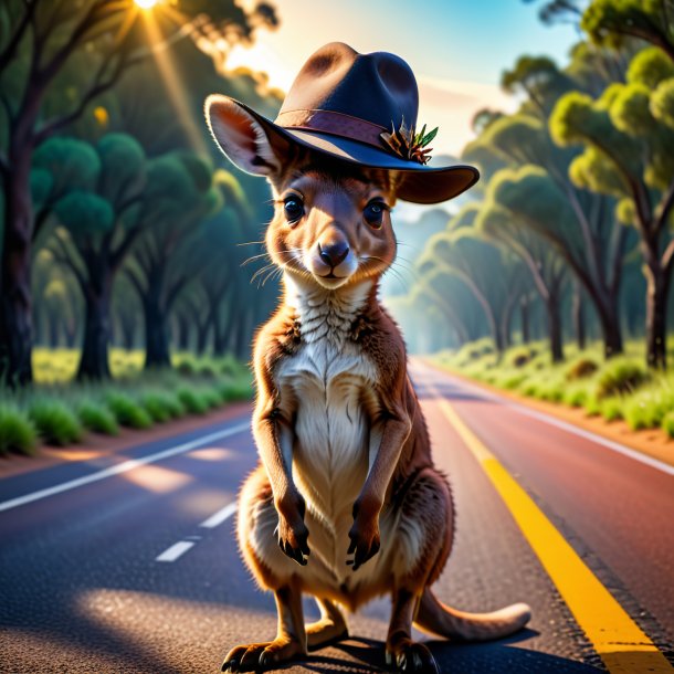 Photo d'un kangourou dans un chapeau sur la route