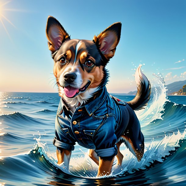 Dibujo de un perro en un jeans en el mar