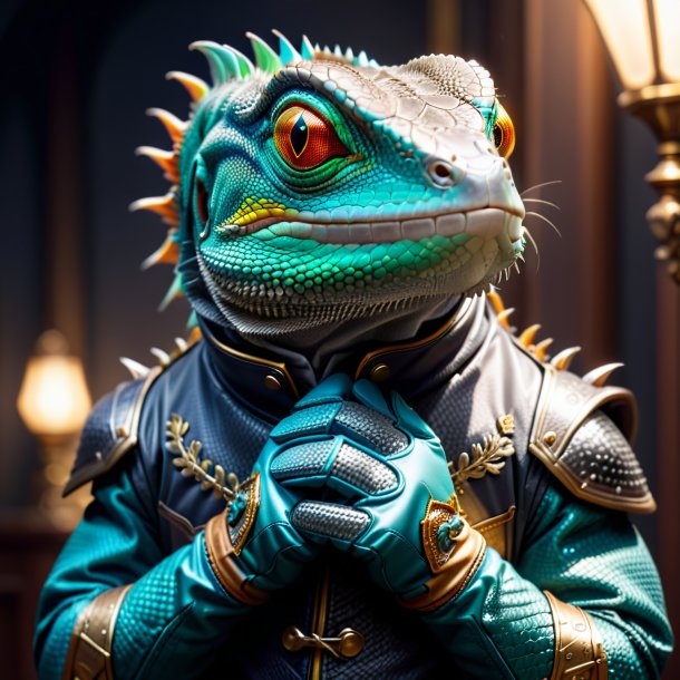 Picture of a lizard in a gray gloves