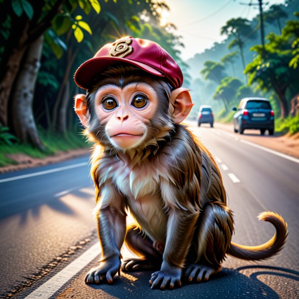 Image d'un singe dans une casquette sur la route