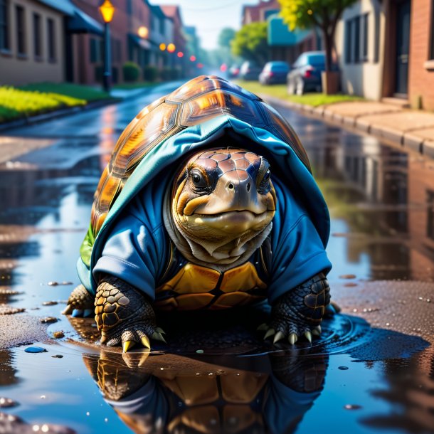 Picture of a tortoise in a hoodie in the puddle