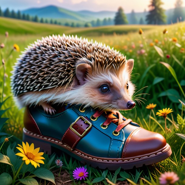 Photo of a hedgehog in a shoes in the meadow