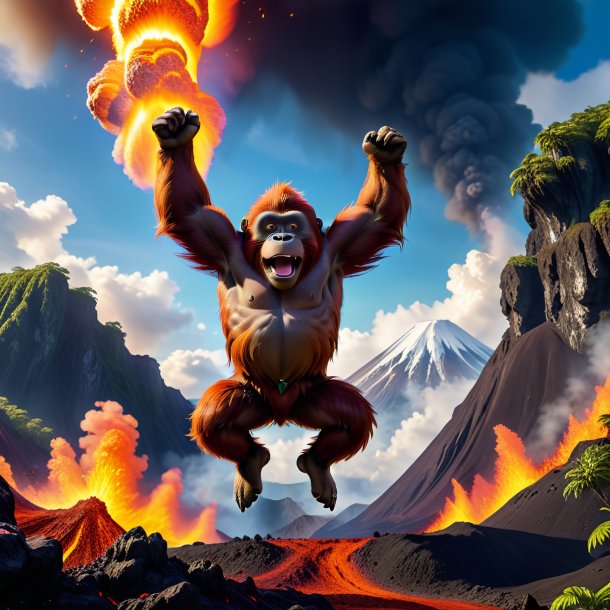 Pic of a jumping of a orangutan in the volcano