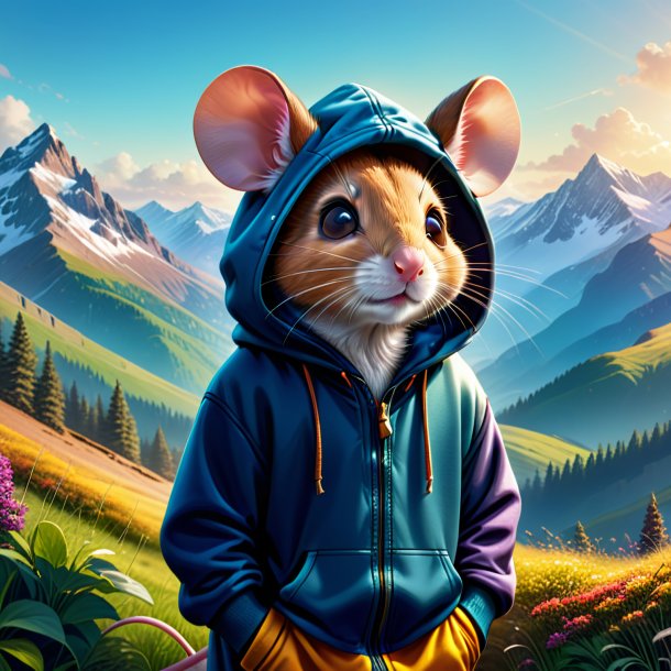 Illustration d'une souris dans un sweat à capuche dans les montagnes