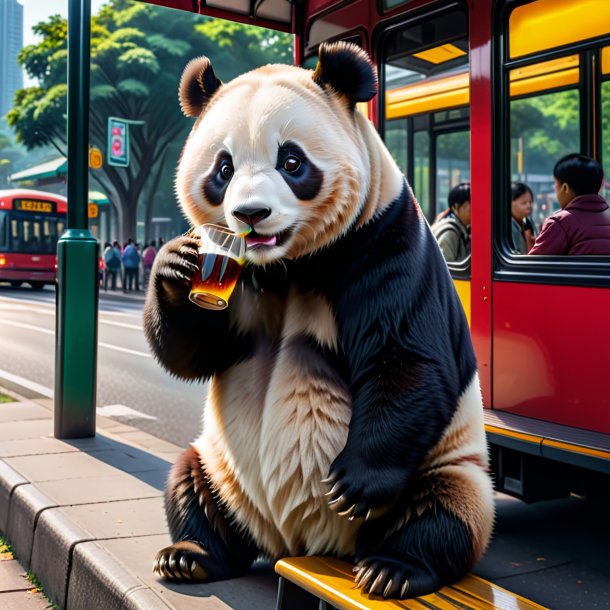 Imagem de uma bebida de um panda gigante na parada de ônibus