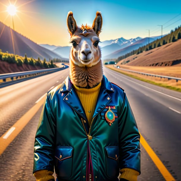 Foto de una llama en una chaqueta en la carretera