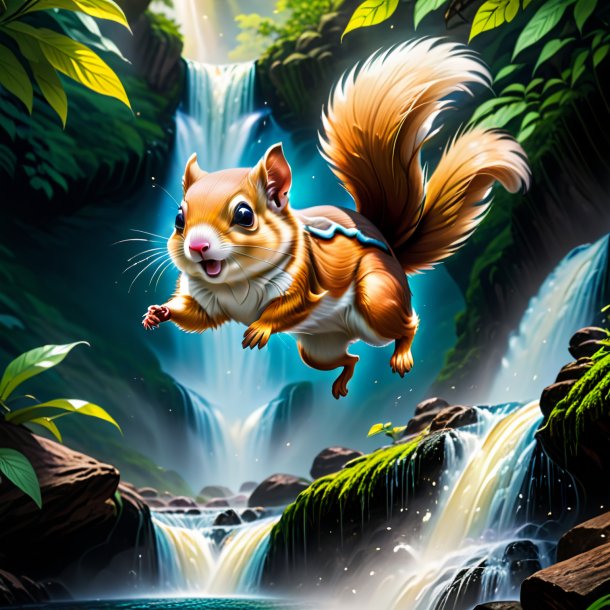 Drawing of a flying squirrel in a cap in the waterfall