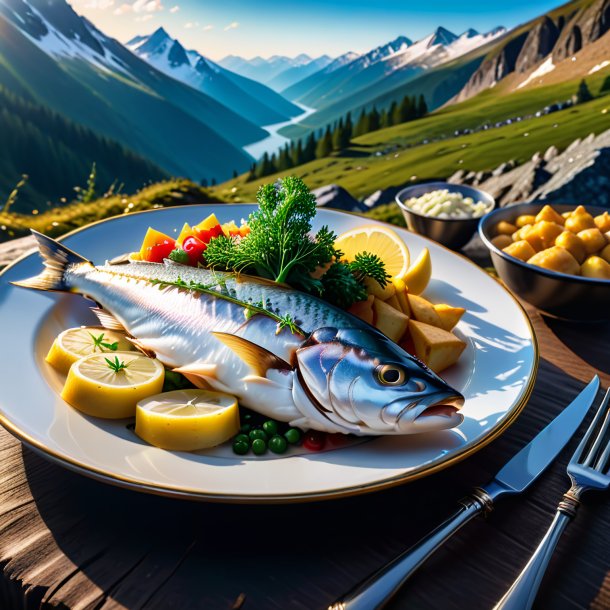 Picture of a eating of a haddock in the mountains