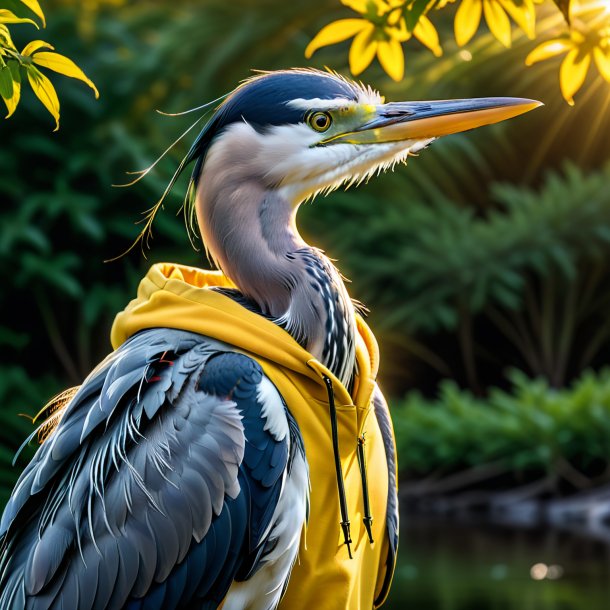 Image of a heron in a yellow hoodie