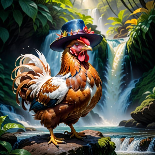 Drawing of a hen in a hat in the waterfall