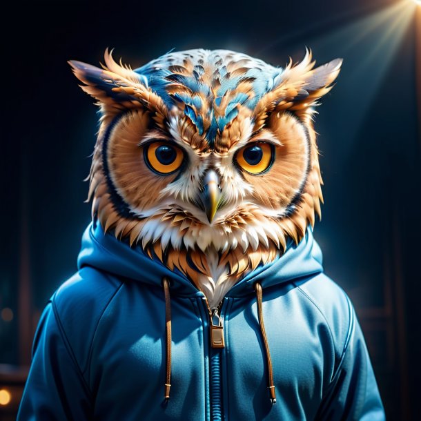 Photo of a owl in a blue hoodie