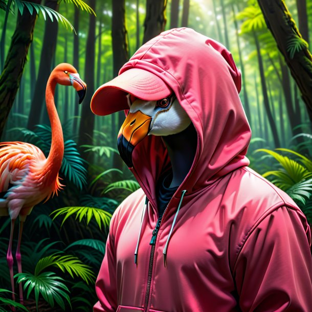 Picture of a flamingo in a hoodie in the forest