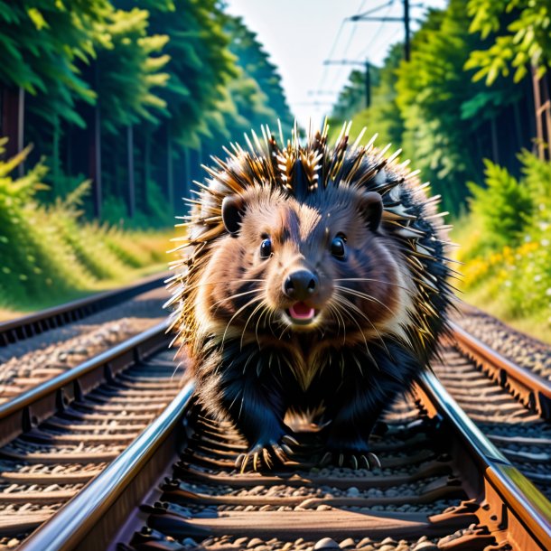 Imagem de uma natação de um porco-espinho nos trilhos ferroviários