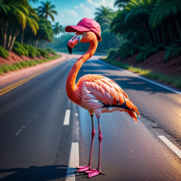 Imagem de um flamingo em um boné na estrada