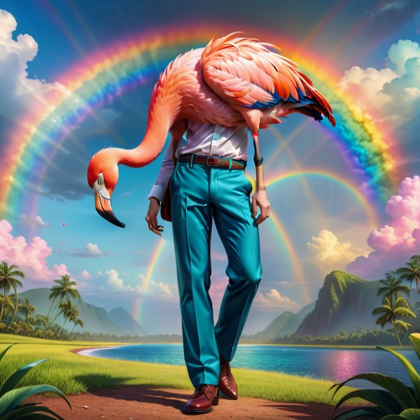 Illustration of a flamingo in a trousers on the rainbow