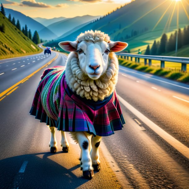 Photo of a sheep in a skirt on the highway