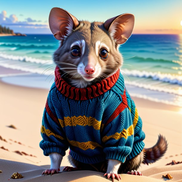 Dessin d'un opossum dans un pull sur la plage