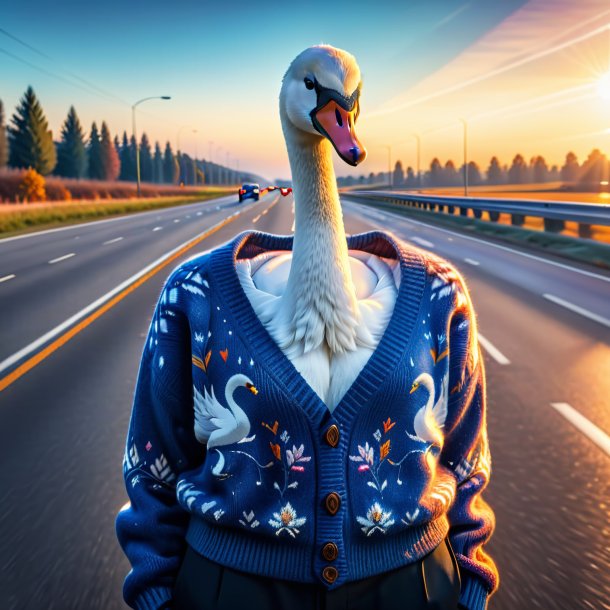 Image of a swan in a sweater on the highway