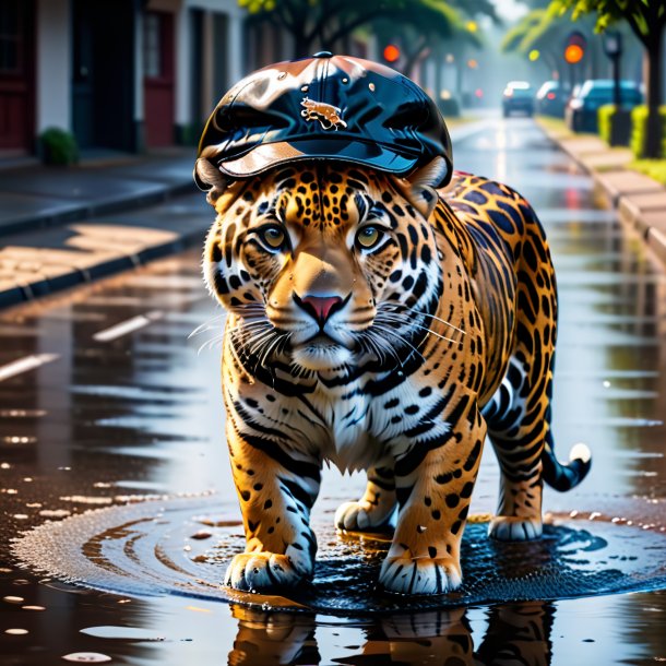 Image of a jaguar in a cap in the puddle