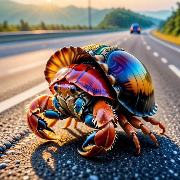 Foto de un cangrejo ermitaño en un chaleco en la carretera