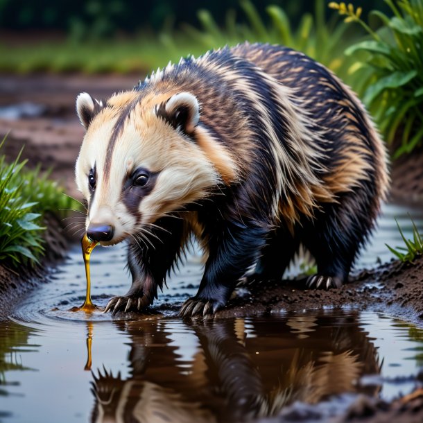 Photo of a drinking of a badger in the puddle