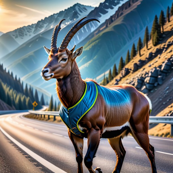 Photo of a ibex in a vest on the highway